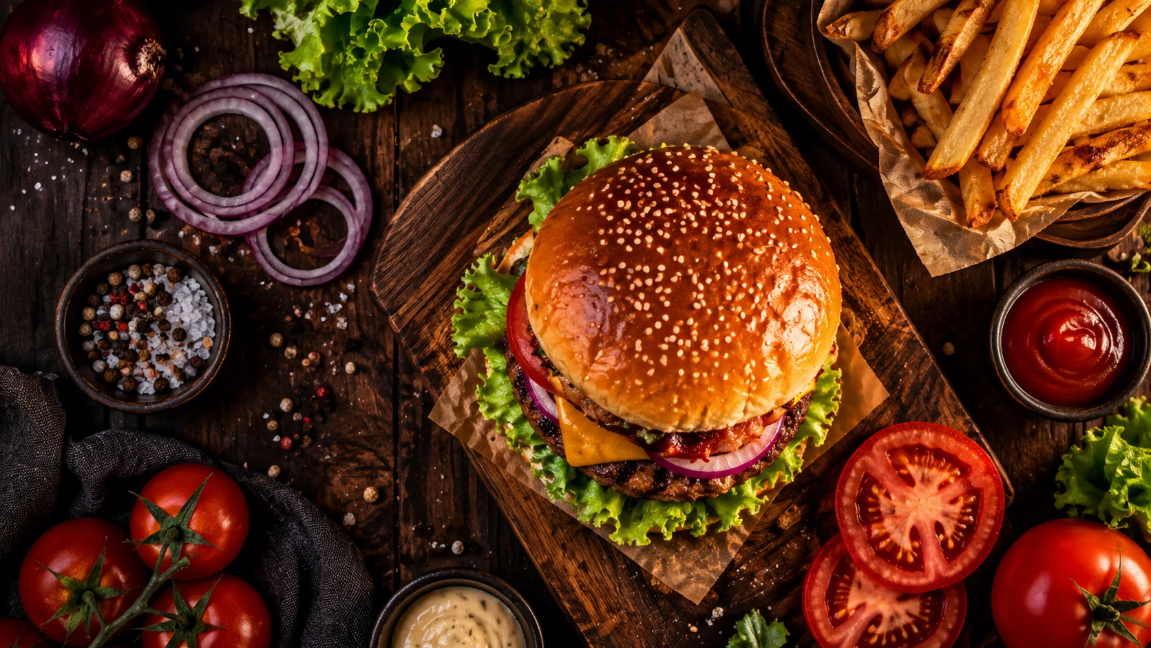 Hambúrguer artesanal com fritas e ingredientes frescos sobre uma mesa rústica